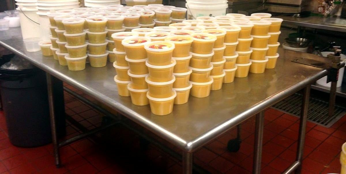 Rows of fresh soup ready for the Kosher rooms